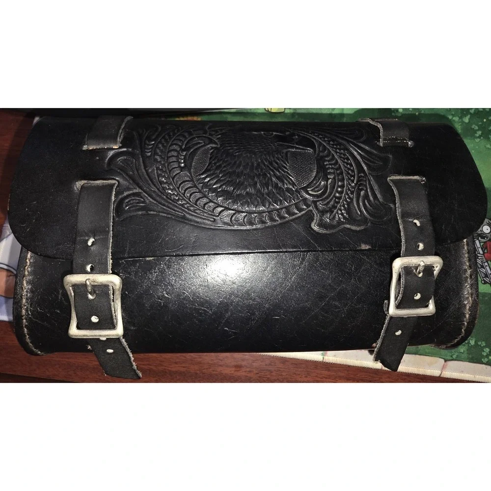Vintage Leather Motorcycle Tool Bag Eagle Made in USA Black Handlebar Fork Pouch - Picture 4 of 5